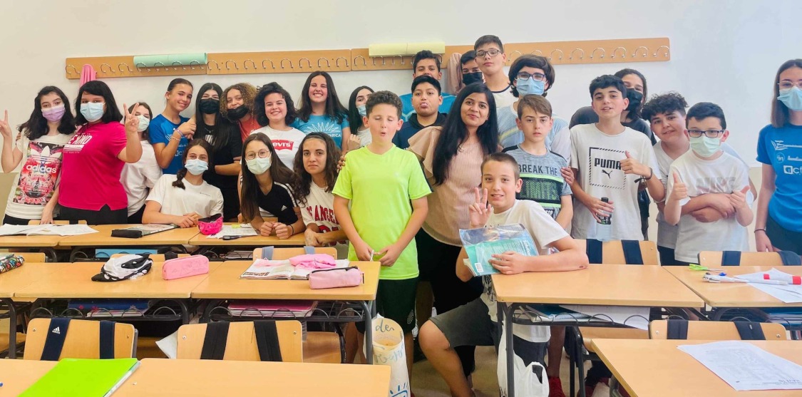Children posing after  Spanish dialogue in Alicante, Spain